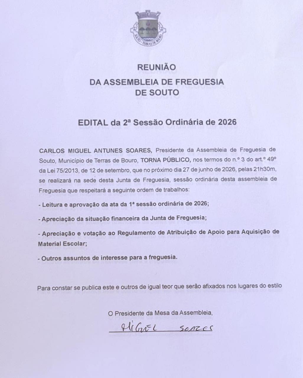 2.&ordf; Sess&atilde;o Ordin&aacute;ria da Assembleia de Freguesia